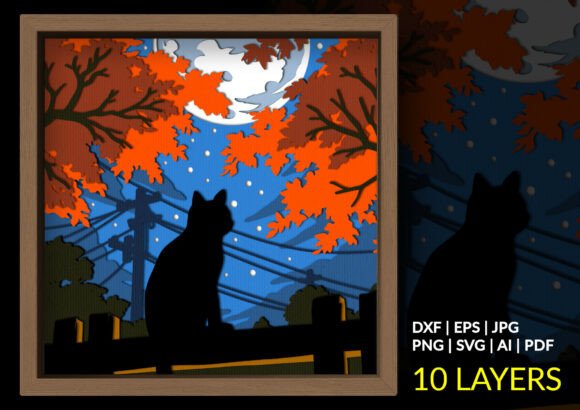 Cat on Fence Night Shadow Box SVG: A 3D Review